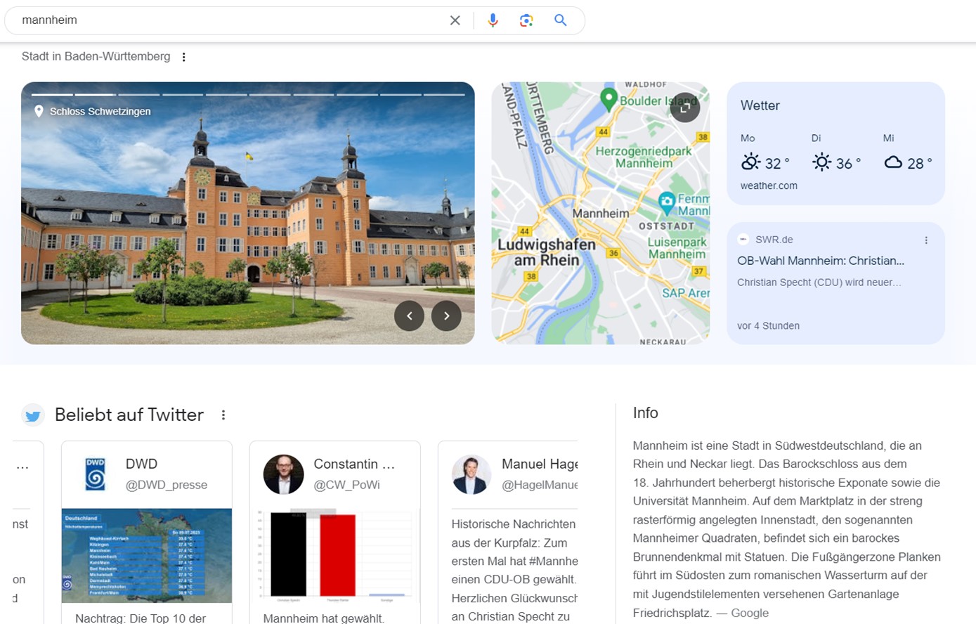 Screenshot einer Google SERP zum Suchbegriff "Mannheim".